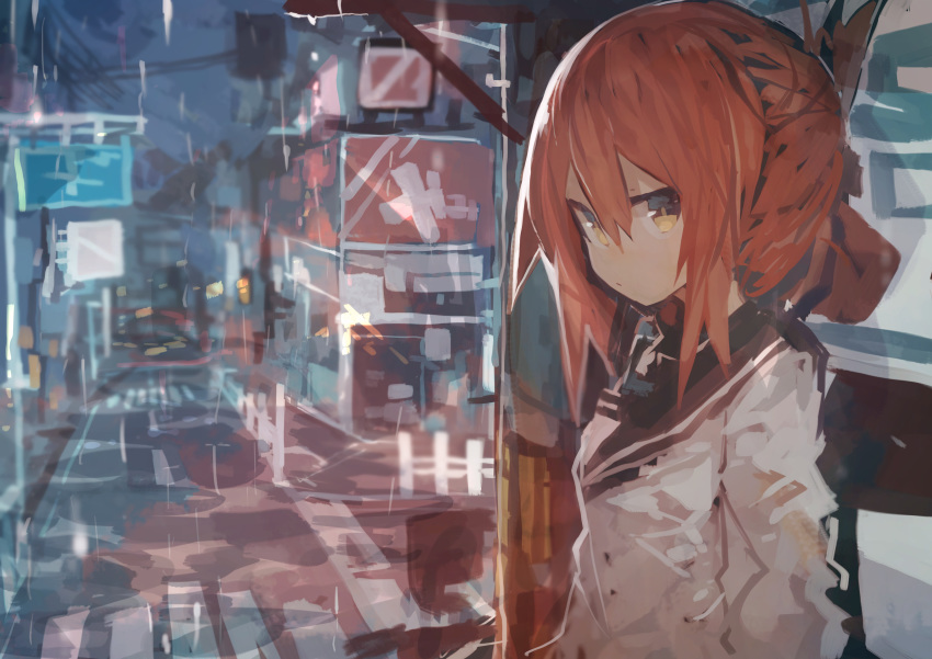 absurdres arms_behind_head billboard brown_eyes brown_hair bus_stop commentary crosswalk female fence folded_ponytail hair_between_eyes highres inazuma_(kancolle) intersection kaamin_(mariarose753) kantai_collection long_hair rain road road_sign school_uniform serafuku shop sidelocks sign solo street taking_shelter traffic_light yellow_eyes