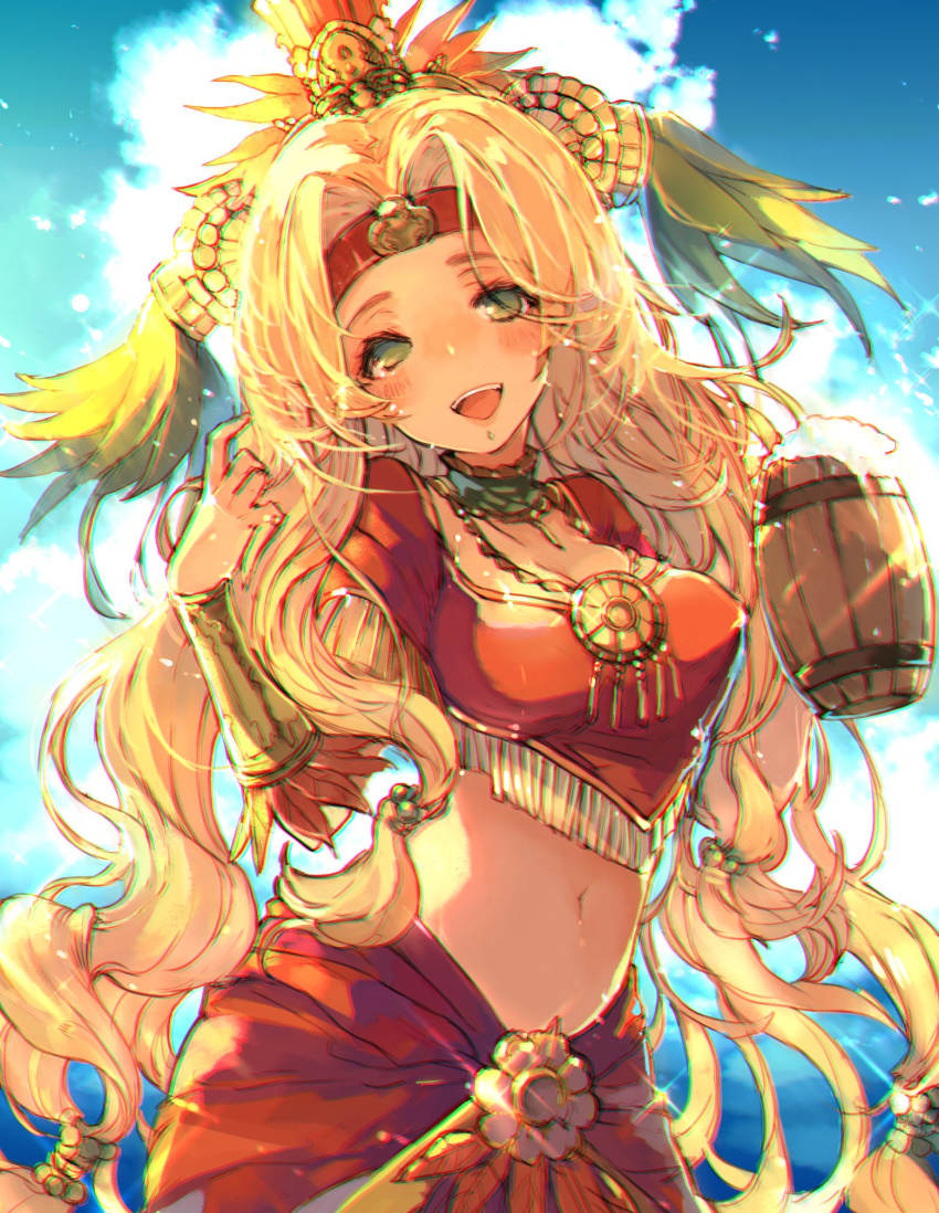 beer_mug blonde_hair chin_piercing chobi_(sakuyasakuhana) chromatic_aberration circlet commentary cup fate/grand_order fate_(series) female green_eyes headdress highres jewelry long_hair low-tied_long_hair mug navel necklace quetzalcoatl_(fate) solo