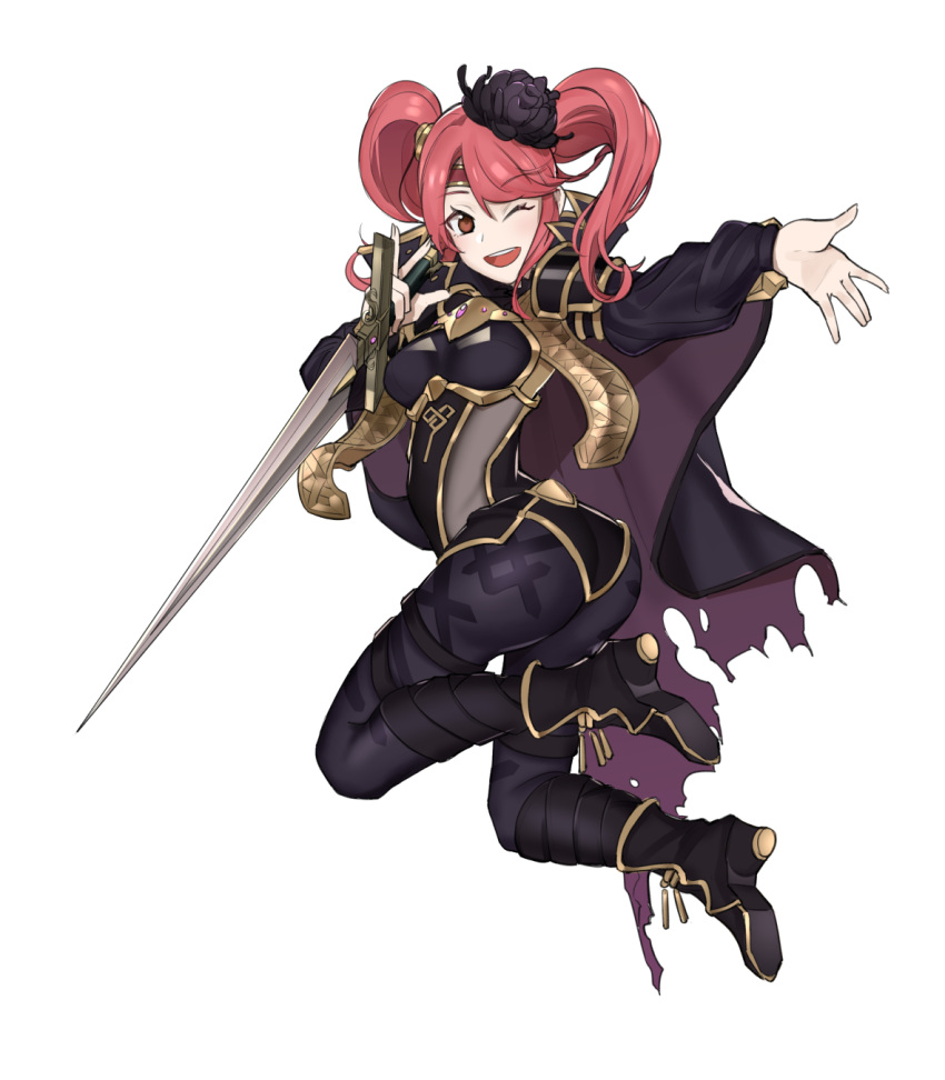 alternate_costume armor ass asymmetrical_bangs black_footwear bodysuit boots breastplate breasts cape commentary ebinku english_commentary female fire_emblem fire_emblem_echoes:_shadows_of_valentia flower full_body hair_flower hair_ornament highres jumping looking_at_viewer mae_(fire_emblem) medium_breasts medium_hair one_eye_closed outstretched_hand pink_hair red_eyes simple_background smile solo sword torn_cape torn_clothes twintails twisted_torso weapon white_background