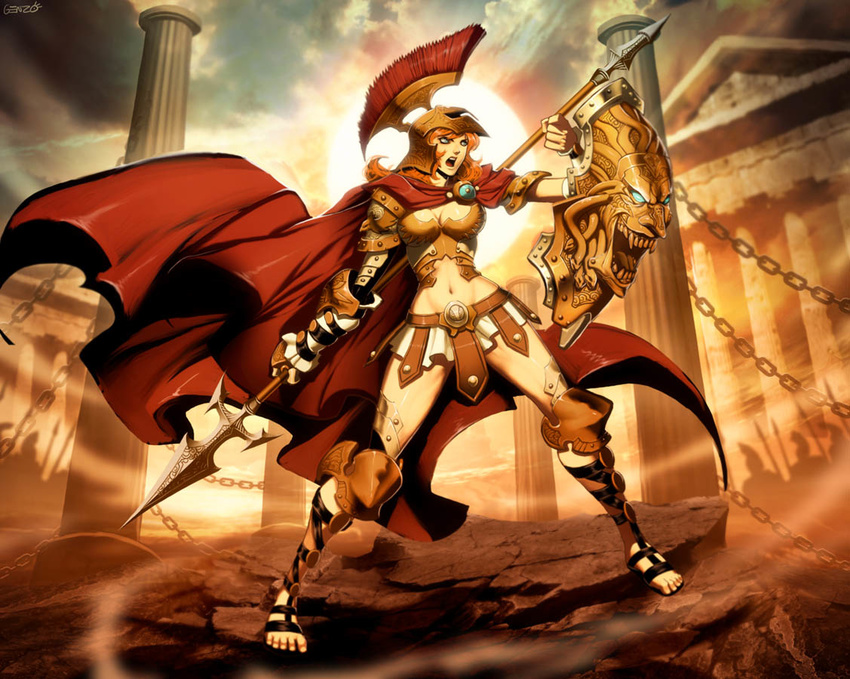 blue_eyes breasts cape castle_age cleavage corinthian_helmet female genzoman gladiator_sandals helm helmet hoplite medium_breasts midriff navel photoshop_(medium) polearm red_hair sandals shield solo spear weapon