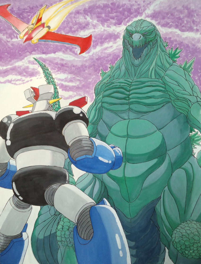 bad_id bad_pixiv_id battle character_request commentary_request copyright_request creature crossover emperor_majin_z godzilla godzilla:_planet_of_the_monsters godzilla_(series) godzilla_earth highres kaijuu mazinger_(series) mazinger_z mazinger_z:_infinity mazinger_z_(mecha) mecha monster robot size_difference super_robot tail traditional_media