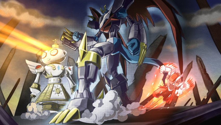 arm_cannon armor aura battle beam claws cloud commentary_request digimon digimon_(creature) digimon_adventure_02 dk_(13855103534) dragon exhaust fighting_stance fire firing full_body glowing imperialdramon imperialdramon_fighter_mode mecha monster no_humans outdoors pillar robot shakkoumon silphymon smoke standing tail weapon wings