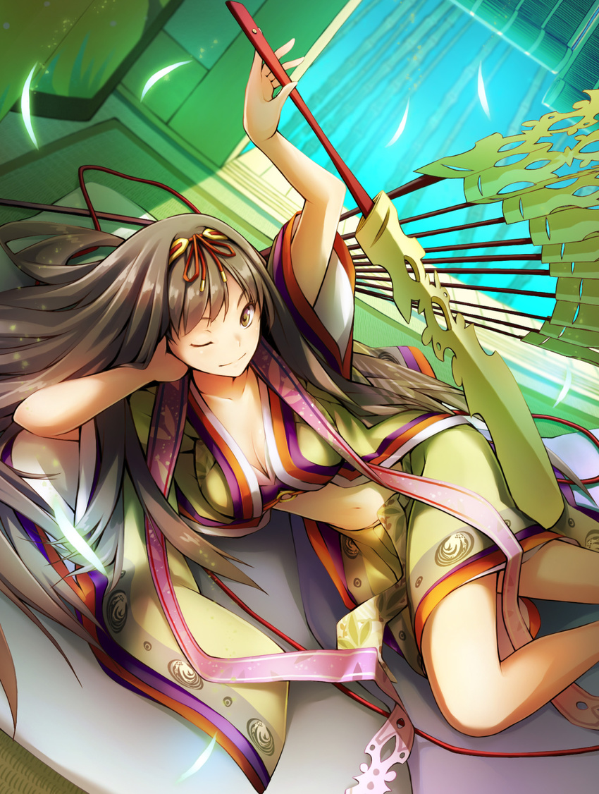 ;) arm_up bamboo breasts brown_eyes brown_hair character_request cleavage collarbone commentary_request dutch_angle female hairband highres indoors large_breasts long_hair lying midriff million_arthur_(series) navel noraico on_side one_eye_closed skirt smile solo tatami very_long_hair