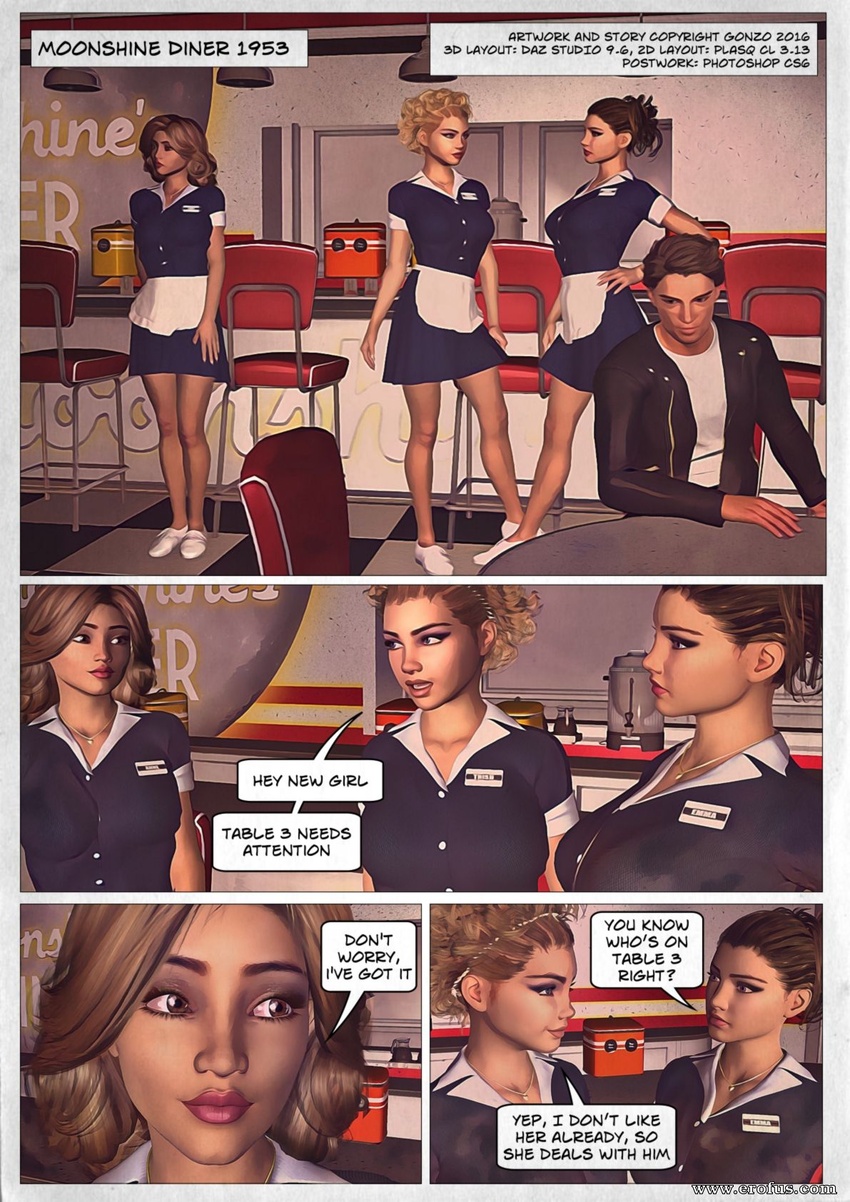 1boy 3girls blonde_hair brown_eyes brown_hair comic diner english_text gonzo_(artist) lipstick makeup speech_bubble waitress