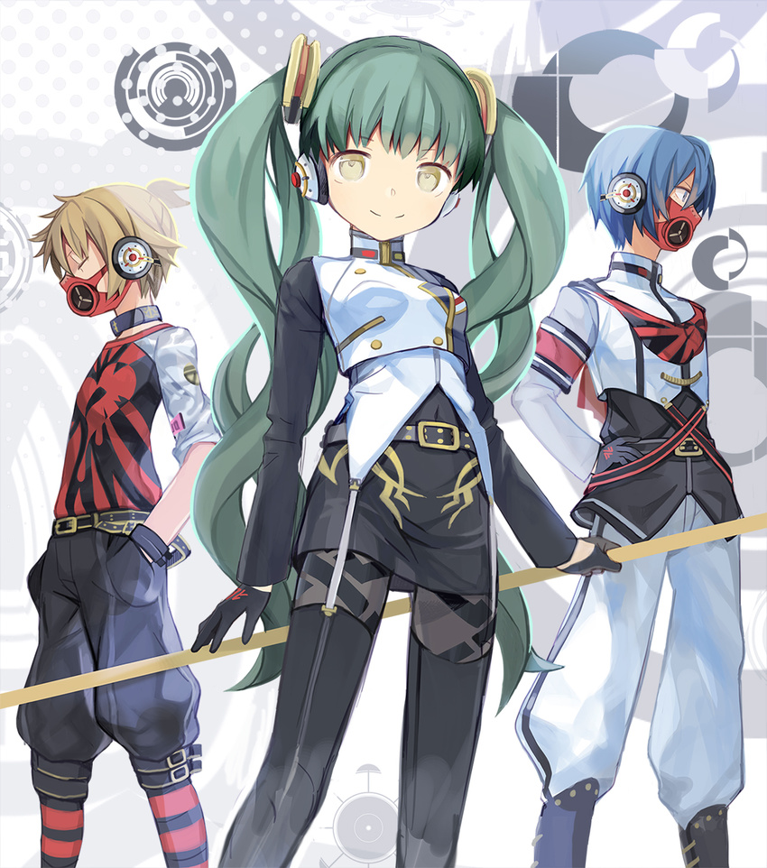 2boys agitation_(module) bad_boy_(module) baggy_pants belt blonde_hair blue_eyes blue_hair boots buckle closed_eyes collar commentary female gas_mask general_(module) gloves green_hair hatsune_miku headphones highres kagamine_len kaito_(vocaloid) kari_kenji long_hair looking_at_viewer mask multiple_boys pants pantyhose photoshop_(medium) project_diva_(series) skirt smile standing striped_clothes striped_pantyhose thighhighs tight_clothes twintails unhappy_refrain_(vocaloid) very_long_hair vocaloid yellow_eyes