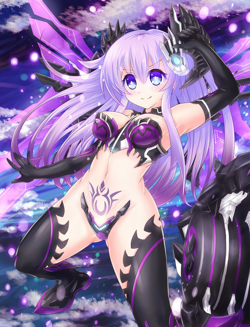 bandeau bare_shoulders blue_eyes breasts cleavage commentary_request cowboy_shot crotch_plate elbow_gloves female gloves hair_ornament highres kazuneko_(wktk1024) long_hair mechanical_wings medium_breasts midriff navel nepgear nepnep_connect:_chaos_chanpuru neptune_(series) outdoors pubic_tattoo purple_hair purple_sister purple_sister_(chaos_form) revealing_clothes smile solo stomach strapless symbol-shaped_pupils tattoo thighhighs wings