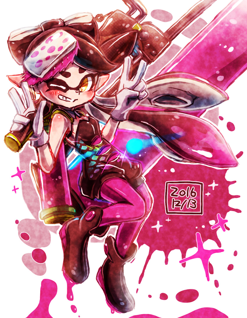 +_+ ankle_boots bad_id bad_pixiv_id black_footwear black_jumpsuit boots brown_eyes callie_(splatoon) dated detached_collar double_v earrings female food food_on_head full_body gloves grin harutarou_(orion_3boshi) hero_roller_(splatoon) highres holding holding_weapon ink_tank_(splatoon) inkling jewelry jumpsuit long_hair looking_at_viewer mole mole_under_eye object_on_head one_eye_closed paint_splatter pantyhose pointy_ears purple_pantyhose short_jumpsuit smile solo splatoon_(series) splatoon_1 standing standing_on_one_leg strapless tentacle_hair v weapon white_gloves