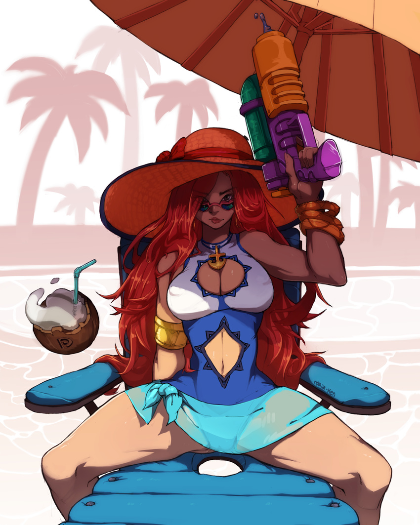 beach_chair blue-tinted_eyewear breasts chair cleavage cleavage_cutout clothing_cutout coconut commentary drinking_straw english_commentary female fruit_cup glory_hole hat highres league_of_legends lips looking_at_viewer looking_over_eyewear maizken medium_breasts miss_fortune_(league_of_legends) navel navel_cutout one-piece_swimsuit palm_tree pool_party_miss_fortune red_hair shade solo spread_legs sun_hat sunglasses swimsuit thick_thighs thighs tinted_eyewear tree umbrella water_gun