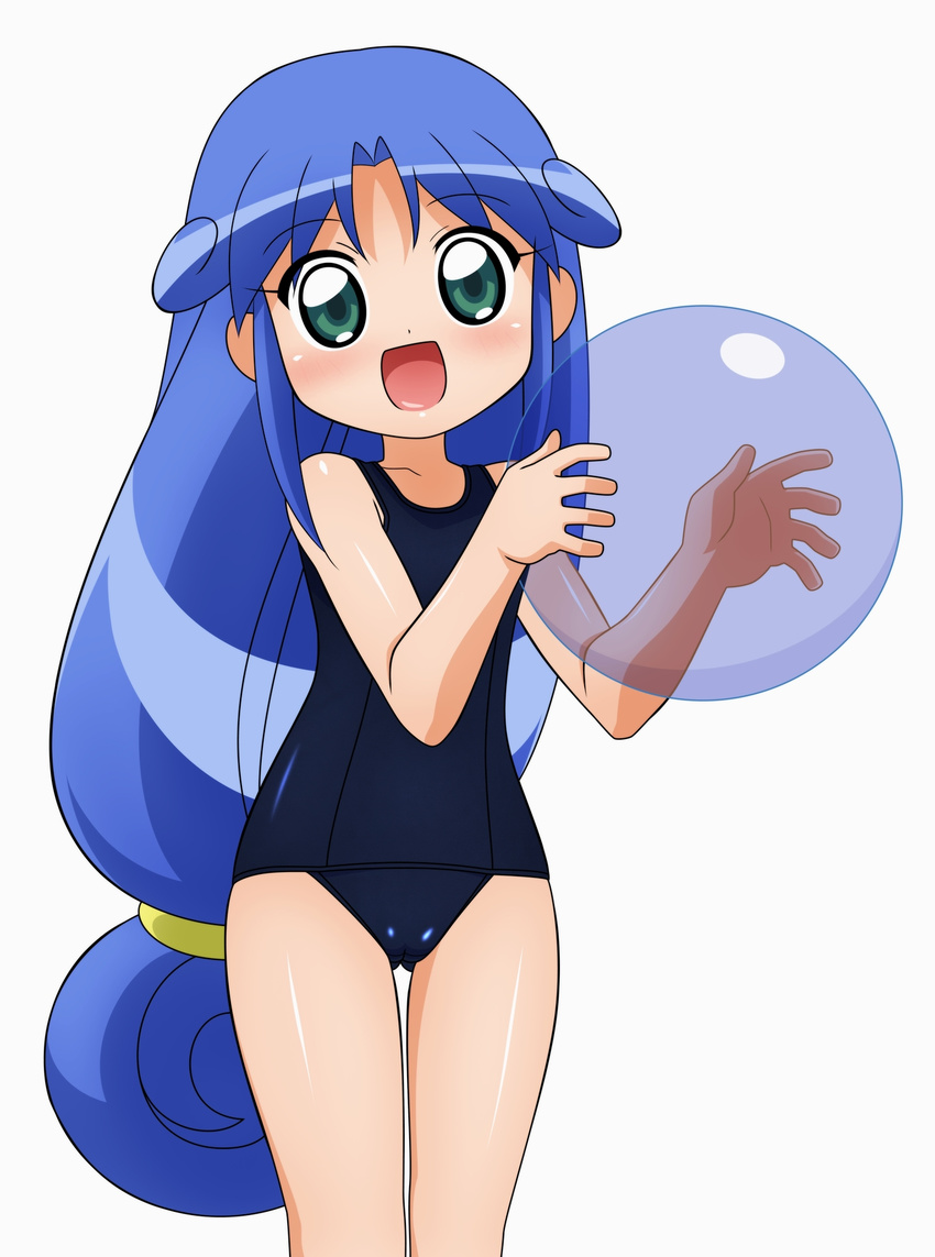 ball blue_hair fushigiboshi_no_futago_hime green_eyes highres long_hair low-tied_long_hair old_school_swimsuit one-piece_swimsuit rein school_swimsuit solo sugimura_tomokazu swimsuit