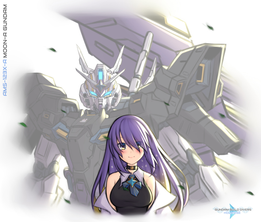 absurdres black_choker blonde_hair blush breasts character_name choker crossover female glowing glowing_eyes gradient_hair gundam gundam_build_divers gundam_build_divers_re:rise highres hololive hololive_indonesia jacket large_breasts logo_parody looking_at_viewer mecha moon_gundam moon_gundam_(mobile_suit) moona_hoshinova moona_hoshinova_(1st_costume) multicolored_hair name_connection off_shoulder parody pinguinkotak psycho_plates purple_eyes purple_hair robot science_fiction smile star_(symbol) starry_hair title_parody usada_kensetsu v-fin virtual_youtuber white_jacket