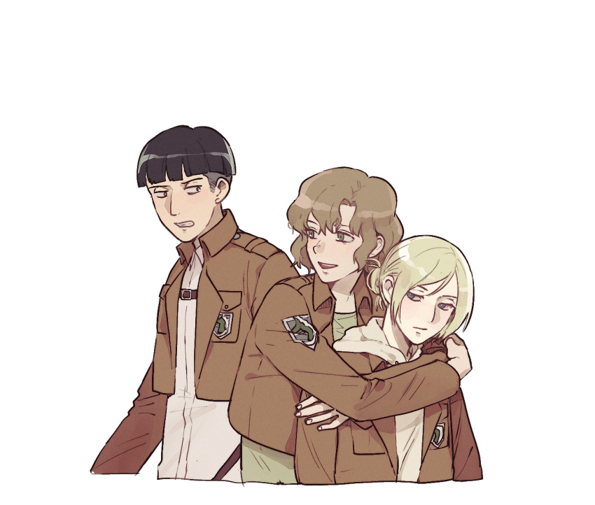 1boy 2girls annie_leonhart aquiline_nose bad_id bad_pixiv_id belt black_eyes black_hair blonde_hair blue_eyes bowl_cut brown_hair brown_jacket emblem grey_eyes hitch_dreyse hood hoodie jacket long_sleeves marlowe_freudenberg medium_hair military military_police_brigade_(emblem) military_uniform multiple_girls open_clothes open_jacket open_mouth paradis_military_uniform pi0w0pi police ponytail shingeki_no_kyojin shirt short_hair simple_background smile suspenders tied_hair undercut uniform white_background