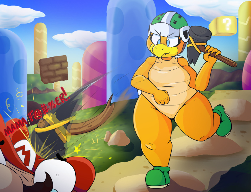 anthro armor attack beak clothing duo footwear hammer hammer_bro hat headgear headwear helmet hi_res iguanasarecool koopa mario mario_bros nintendo ranged_weapon scalie shell shoes super_smash_bros. thick_thighs throwing throwing_object tools weapon wide_hips