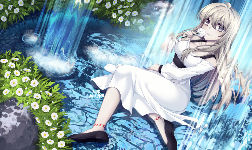 absurdres black_footwear blush breasts closed_mouth collarbone colored_skin commission dress female flower grey_eyes grey_hair grey_skin highres holding holding_flower large_breasts long_hair long_sleeves murmoruno original sitting smile solo water waterfall white_dress