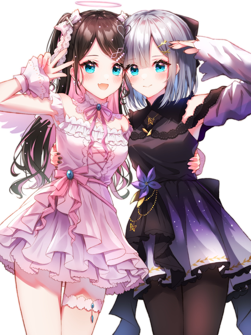 2girls :d absurdres black_dress black_legwear black_nails blue_eyes brown_hair closed_mouth detached_sleeves dress gradient_dress grey_hair hair_ornament highres kaga_nazuna kaga_sumire layered_dress long_hair long_sleeves looking_at_viewer lupinus_virtual_games medium_hair multicolored_hair multiple_girls nail_polish oerba_yun_fang open_mouth pantyhose parted_bangs pink_hair short_dress skin_fang sleeveless sleeveless_dress smile thigh_gap thigh_strap toki_(toki_ship8) two-tone_hair very_long_hair virtual_youtuber vspo! w white_dress x_hair_ornament