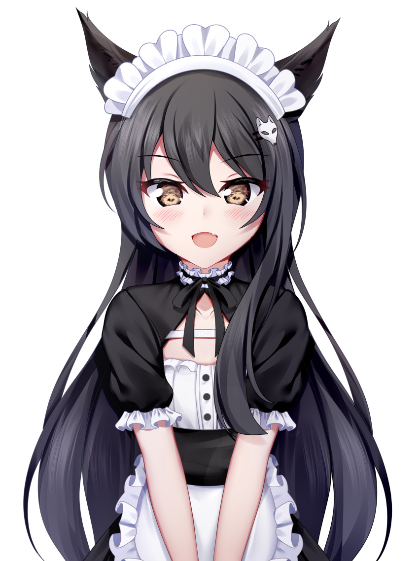 :d absurdres animal_ears apron black_dress black_hair black_ribbon blush brown_eyes chrisandita collarbone commentary dress female fox_ears fox_hair_ornament frilled_apron frills hair_between_eyes hair_ornament hairclip highres long_hair looking_at_viewer maid maid_headdress neck_ribbon oerba_yun_fang open_mouth original puffy_short_sleeves puffy_sleeves ribbon short_sleeves simple_background smile solo v_arms very_long_hair waist_apron white_apron white_background