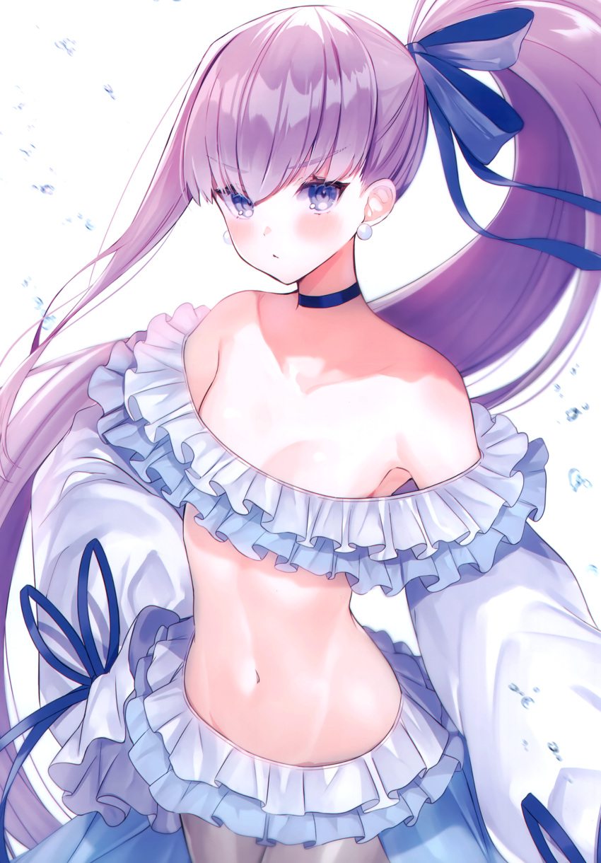 absurdres bare_shoulders bikini bikini_skirt bow bowtie breasts choker closed_mouth detached_sleeves earrings fate/grand_order fate_(series) female frilled_bikini frills hand_on_own_hip highres jewelry long_hair looking_at_viewer meltryllis_(fate) meltryllis_(swimsuit_lancer)_(fate) meltryllis_(swimsuit_lancer)_(third_ascension)_(fate) navel ponytail scan simple_background sleeves_past_wrists small_breasts solo stomach suzuho_hotaru swimsuit water water_drop wide_sleeves