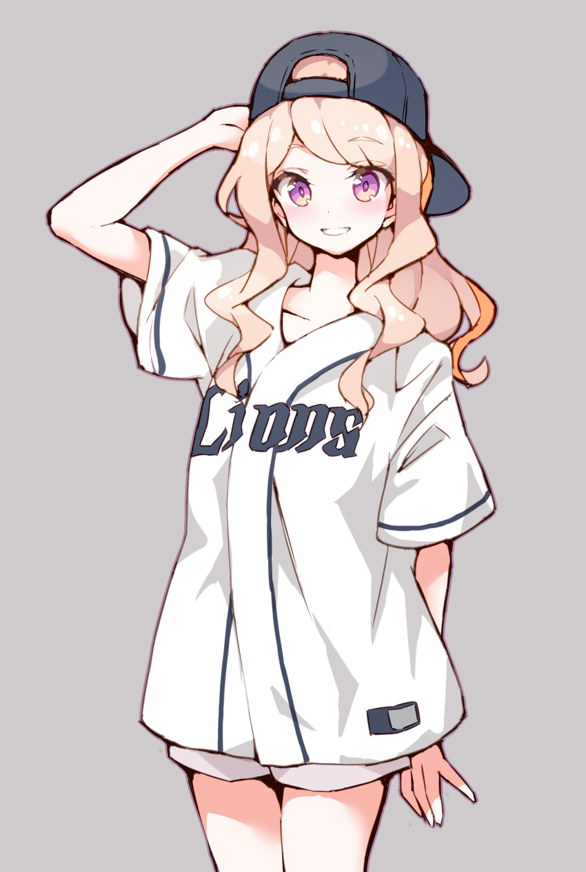 :d absurdres aikatsu!_(series) aikatsu_stars! arm_behind_head arm_up backwards_hat bad_id bad_twitter_id bare_legs baseball_cap baseball_uniform blush commentary_request cowboy_shot female grey_background grin hair_over_shoulder hat highres kasumi_mahiru light_brown_hair long_hair looking_at_viewer multicolored_eyes multicolored_hair nippon_professional_baseball nokita_(pinmisil) open_mouth orange_eyes orange_hair oversized_clothes oversized_shirt purple_eyes saitama_seibu_lions shirt short_sleeves shorts simple_background smile sportswear streaked_hair teeth wavy_hair