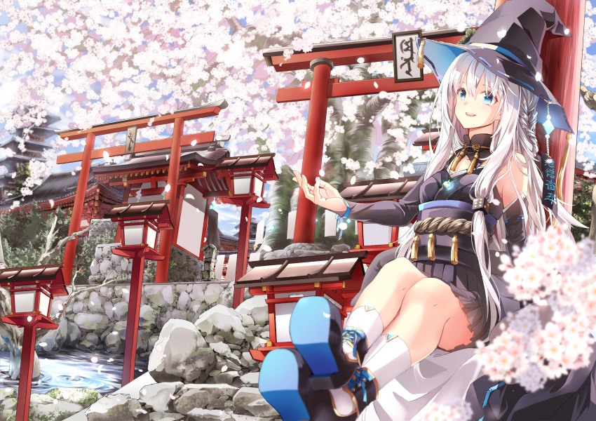 :d absurdres architecture arm_rest bad_id bad_pixiv_id bare_shoulders black_footwear black_gloves black_hat black_kimono blue_eyes braid bridal_gauntlets cherry_blossoms coat cross-laced_footwear crossed_legs cube_hair_ornament day detached_collar detached_sleeves dice_hair_ornament east_asian_architecture female flower gem gloves hair_ornament hand_up hat hat_flower highres japanese_clothes jewelry kimono lantern long_hair mito_w necklace open_mouth outdoors petals pink_flower pleated_skirt pond ribbon-trimmed_headwear ribbon_trim rope shiki_no_akari shoes sitting skirt sleeveless sleeveless_kimono smile socks solo stairs stone_stairs talisman temple tomoshibi_no_majo torii tree two-sided_fabric two-sided_headwear unworn_coat very_long_hair water white_flower white_hair white_socks witch witch_hat wooden_lantern yellow_flower