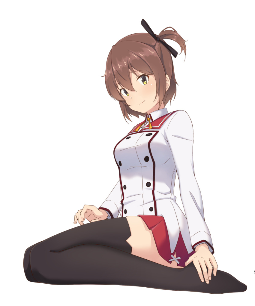 black_thighhighs breasts brown_hair buttons commentary_request double-breasted etou_kanami female full_body highres long_sleeves looking_at_viewer medium_breasts minoseki_gakuin_uniform motsutoko one_side_up red_skirt seiza short_hair simple_background sitting skirt solo thighhighs toji_no_miko white_background yellow_eyes zettai_ryouiki