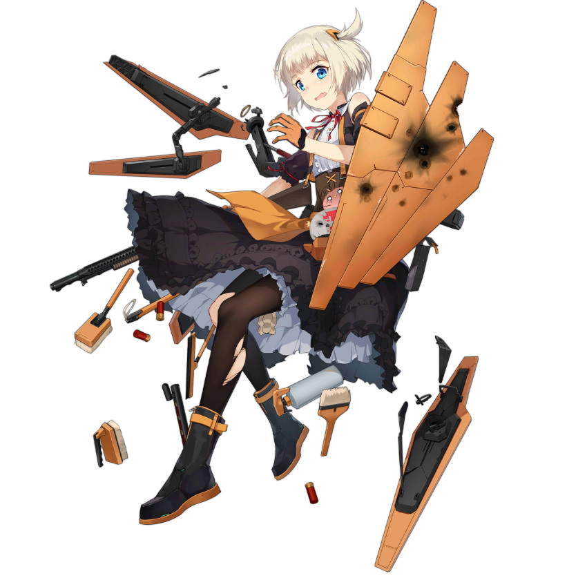 ^^^ apron assault_visor bird black_dress black_footwear blonde_hair blue_eyes boots bottle brown_corset brown_pantyhose bullet_hole chilunchilun corset damaged detached_sleeves dress female full_body girls'_frontline gloves gun hair_ornament highres holding holding_gun holding_weapon looking_at_viewer m1897_(girls'_frontline) m1897_(mod3)_(girls'_frontline) maid neck_ribbon o_o oerba_yun_fang official_alternate_costume official_art open_mouth orange_apron orange_gloves pantyhose pump_action red_ribbon ribbon scorch_mark shield shield_module short_hair short_sleeves short_twintails shotgun shotgun_shell simple_background skin_fang sleeveless sleeveless_dress solo spray_bottle squeegee third-party_source torn_clothes torn_dress torn_pantyhose transparent_background twintails weapon winchester_model_1897