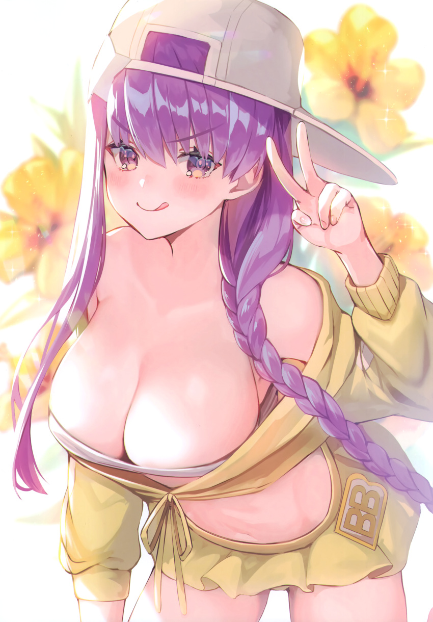 absurdres bare_shoulders baseball_cap bb_(fate) bb_(swimsuit_mooncancer)_(fate) bb_(swimsuit_mooncancer)_(first_ascension)_(fate) bikini blush braid breasts character_name cleavage collarbone fate/grand_order fate_(series) female flower hand_up hat highres jacket large_breasts leaning_forward long_hair looking_at_viewer midriff off_shoulder purple_eyes purple_hair scan simple_background skirt smile solo sparkle suzuho_hotaru swimsuit tongue tongue_out twin_braids twintails v yellow_jacket yellow_skirt