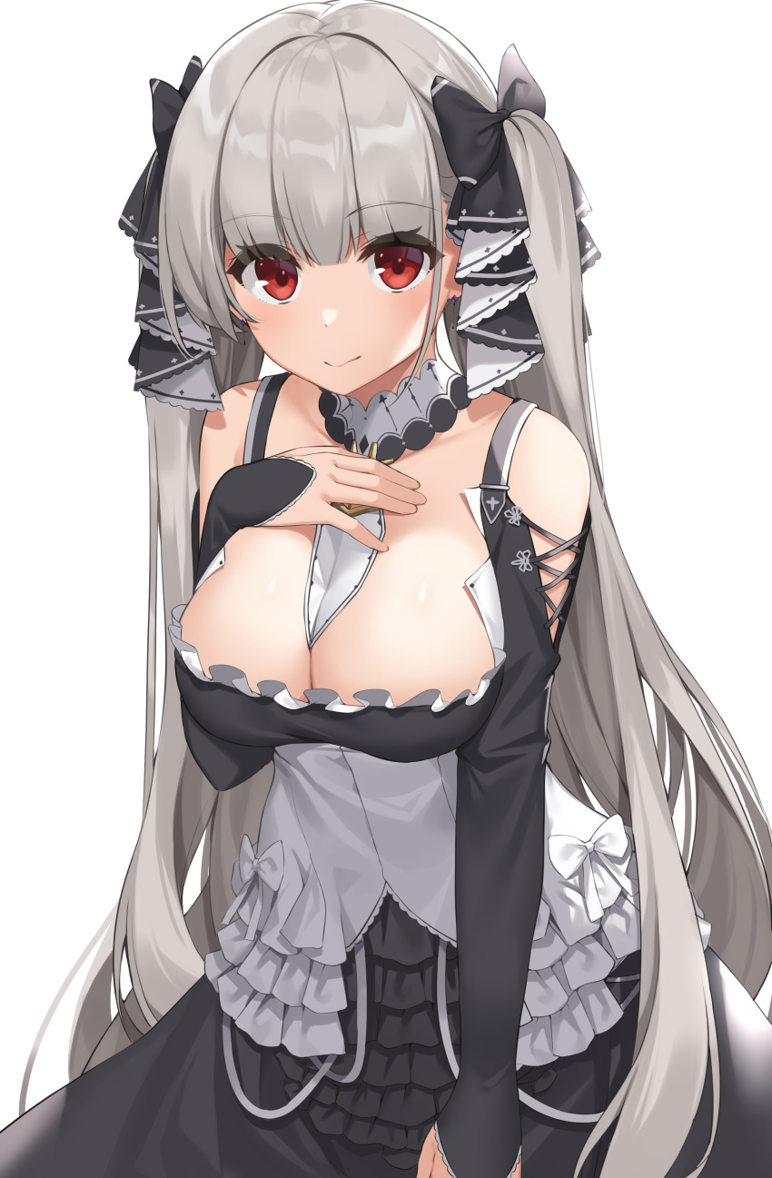 absurdres azur_lane bare_shoulders between_breasts black_dress blush breasts cleavage collarbone detached_collar dress female formidable_(azur_lane) grey_hair hair_ribbon hand_on_own_chest highres large_breasts long_hair long_sleeves looking_at_viewer red_eyes ribbon simple_background smile solo suiroh_(shideoukami) twintails two-tone_dress two-tone_ribbon very_long_hair white_background white_dress