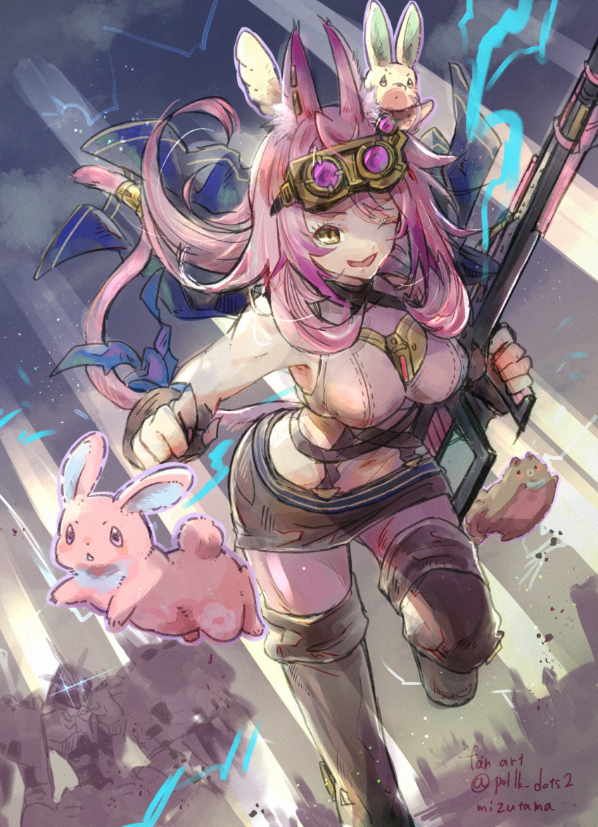 animal_ears boots breasts commentary divine_arsenal_aa-zeus_-_sky_thunder duel_monster female goggles goggles_on_head gun highres long_hair looking_at_viewer melffy_fenny melffy_puppy melffy_rabby mizutama_(mizutamalion) one_eye_closed open_mouth pink_hair running sleeveless smile thigh_boots thighhighs tri-brigade_ferrijit_the_barren_blossom weapon yellow_eyes yu-gi-oh!