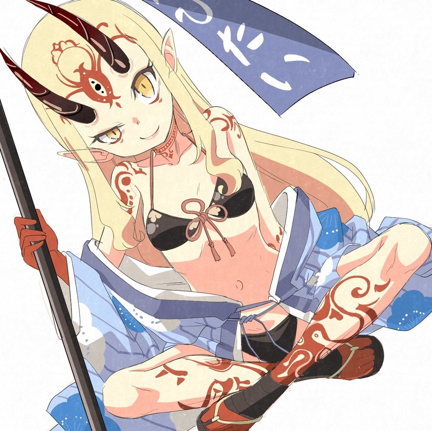 banner bikini black_bikini blonde_hair blue_kimono breasts clothes_down commentary_request facial_mark fate/grand_order fate_(series) female forehead_mark horns ibaraki_douji_(fate) ibaraki_douji_(swimsuit_lancer)_(fate) ibaraki_douji_(swimsuit_lancer)_(first_ascension)_(fate) indian_style japanese_clothes kimono long_hair looking_at_viewer mukai oni oni_horns pointy_ears sandals simple_background sitting small_breasts smile solo swimsuit tattoo white_background yellow_eyes zouri