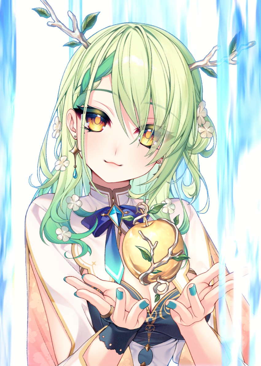 :3 apple breasts brown_eyes ceres_fauna ceres_fauna_(1st_costume) cleavage closed_mouth dangle_earrings earrings female food fruit golden_apple green_hair green_nails highres hololive hololive_english jewelry large_breasts long_hair looking_at_viewer murmoruno smile solo upper_body virtual_youtuber