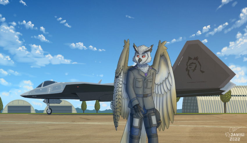 2022 4_fingers aircraft airfield airplane anthro armor artist_logo avian back_wings beak big_wings bird black_clothing black_eyebrows black_gloves black_handwear black_helmet blue_bottomwear blue_clothing blue_pants blue_sky bottomwear brown_body brown_feathers chest_tuft clothing detailed_background eurasian_eagle-owl eyebrows facial_markings feathers fingerless_gloves fingers gloves gradient_wings grey_beak grey_clothing grey_jacket grey_topwear handwear hangar head_markings head_tuft headgear helmet hill holding_armor holding_headgear holding_helmet holding_object horned_owl jacket jet logo looking_back male markings necktie owl pants plant purple_necktie red_sclera sammfeatblueheart shaded signature sky solo speckled_body spots spotted_body spotted_feathers striped_feathers tan_body tan_feathers thieu_(thieutheowl) topwear tree true_owl tuft vehicle white_body white_clouds white_feathers wing_tuft wings yf-23 yf-23_black_widow