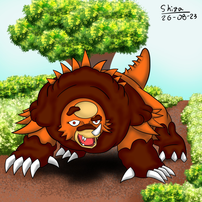 1:1 2023 absurd_res all_fours alternate_species aquilops artist_name blue_sky brown_body brown_fur cavemanon_studios ceratopsian claws dated detailed_background digital_drawing_(artwork) digital_media_(artwork) dinosaur english_text extinct eyelashes female fur generation_8_pokemon goodbye_volcano_high hi_res horn hybrid looking_at_viewer nintendo open_mouth orange_body orange_eyes orange_scales ornithischian outside plant pokemon pokemon_(species) prehistoric_species reptile rosa_(gvh) scales scalie sharp_teeth shizadacomunist signature sky snoot_game solo spikes spikes_(anatomy) teeth text tongue tree ursaluna