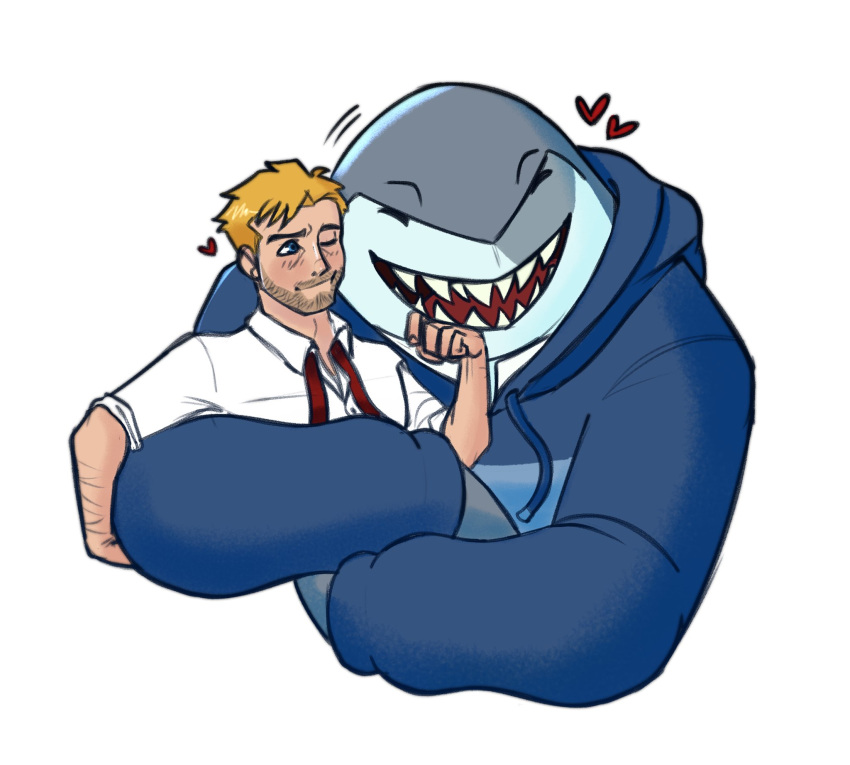 2020 5_fingers anthro blonde_hair blue_eyes closed_eyes clothed clothing dc_comics duo fingers fish hair harley_quinn_(series) heart_symbol hi_res hoodie human humanoid_hands john_constantine king_shark male male/male mammal marine moonboonlafayette one_eye_closed shark sharp_teeth simple_background smile teeth topwear white_background