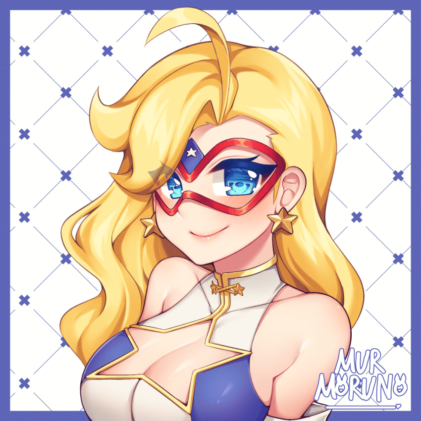 ahoge bare_shoulders blonde_hair blue_eyes blush breasts cleavage cleavage_cutout closed_mouth clothing_cutout collarbone commission earrings female highres jewelry kamen_america kamen_america_(comic) large_breasts looking_at_viewer murmoruno smile solo star_(symbol) star_earrings upper_body