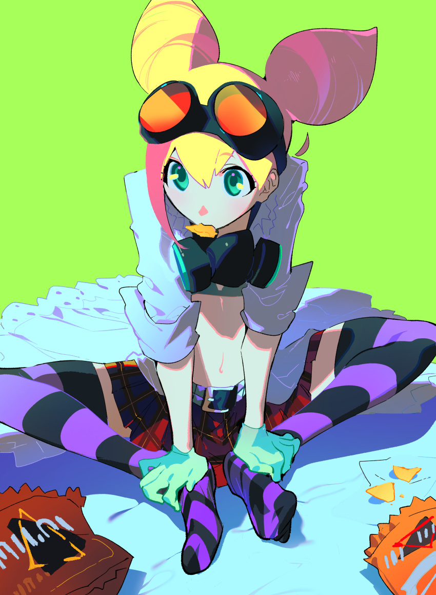 absurdres belt bikini bikini_top_only black_belt black_thighhighs blonde_hair chips_(food) cone_hair_bun eating female food gloves goggles goggles_on_head green_background green_eyes green_gloves hair_between_eyes hair_bun highres indian_style km_(ksolee1201) lab_coat lucia_fex mask midriff multicolored_hair pink_hair plaid plaid_skirt promare purple_thighhighs red_skirt respirator sitting skirt sleeves_rolled_up solo striped_clothes striped_thighhighs swimsuit thighhighs two-tone_hair