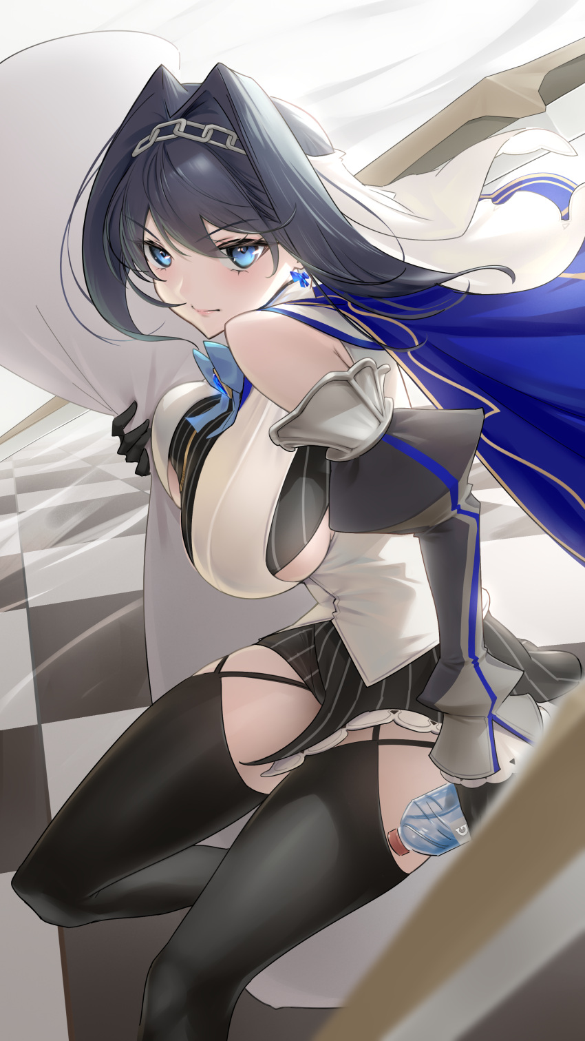 absurdres black_gloves black_hair black_thighhighs blue_bow blue_bowtie blue_cape blue_eyes bottle bow bow_earrings bowtie breasts cape chain_headband chains closed_mouth commentary detached_sleeves earrings english_commentary female floating_hair gloves hair_intakes headband highres holding holding_bottle holocure hololive hololive_english jewelry large_breasts lips looking_at_viewer medium_hair ouro_kronii puffy_sleeves solo somebody_(leiking00) thighhighs v-shaped_eyebrows virtual_youtuber water_bottle