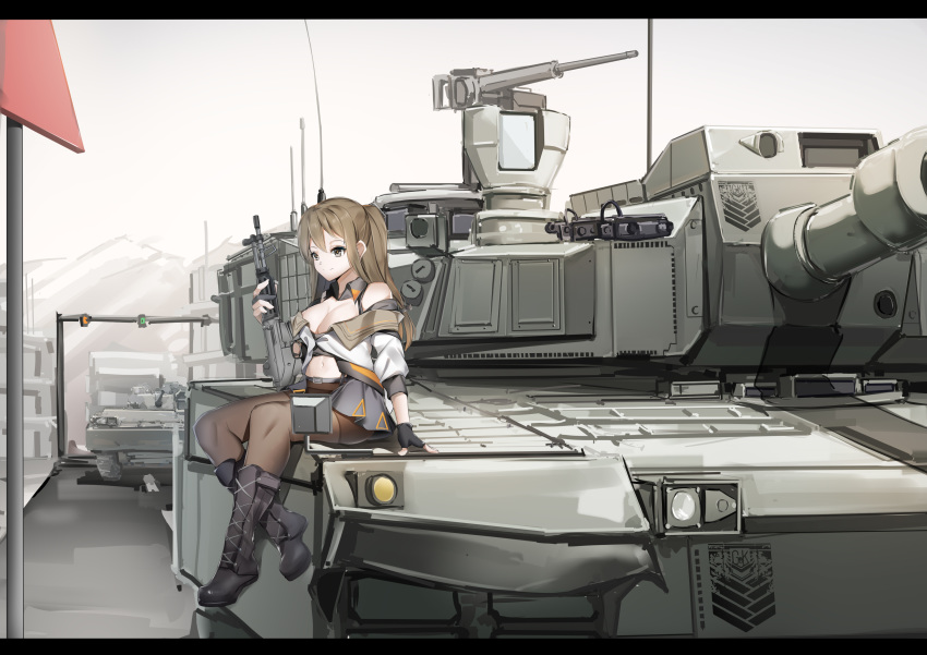 absurdres assault_rifle belt black_footwear black_gloves black_pantyhose boots bow breasts brown_hair city cleavage daewoo_k2 female girls'_frontline gloves grey_eyes gun hair_ornament hairbow highres k21 k2_(girls'_frontline) k2_black_panther letterboxed long_hair looking_at_viewer lubikaya machine_gun medium_breasts military military_vehicle motor_vehicle mountainous_horizon navel no_bra no_pants on_vehicle open_clothes outdoors pantyhose partially_fingerless_gloves rifle sitting smile solo tank weapon