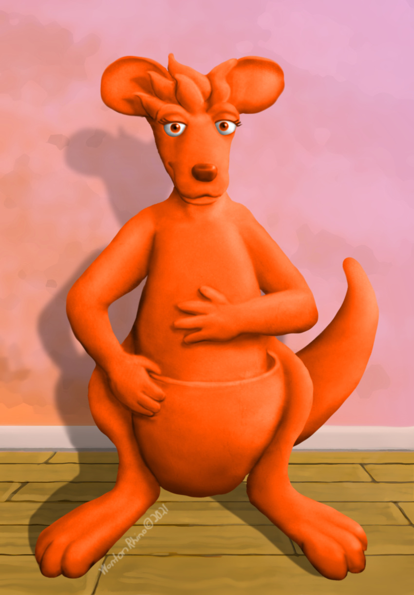 absurd_res anthro big_ears big_feet clay clay_creature eye_contact eyebrows eyelashes featureless_chest featureless_crotch feet female goo_creature hand_on_chest hand_on_hip hi_res inside kangaroo looking_at_another macropod mammal marsupial nickelodeon nude nude_female orange_body pouch_(anatomy) shaded shaded_background simple_background smile smiling_at_viewer solo standing toony wontonrhino