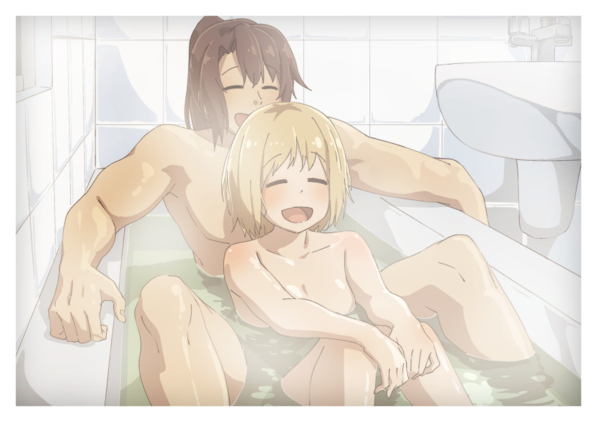 1boy :d bath bathing bathroom bathtub blonde_hair breasts brown_hair closed_eyes commander_(girls'_frontline) commission commissioner_upload completely_nude female girls'_frontline happy highres indoors long_hair md5_mismatch mixed-sex_bathing mp40_(girls'_frontline) nude open_mouth partially_submerged pixiv_commission ponytail resolution_mismatch shared_bathing short_hair sink smile source_smaller steam tile_wall tiles triangle_bullet water