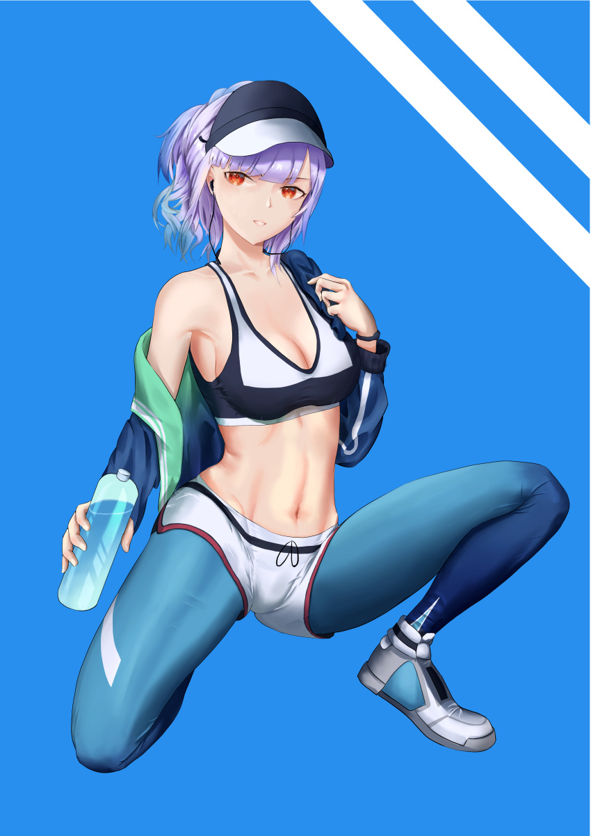 absurdres azur_lane bare_shoulders baseball_cap blue_background blue_jacket blue_pants bottle breasts cleavage crop_top crop_top_overhang earphones female giulio_cesare_(azur_lane) giulio_cesare_(fitness_master)_(azur_lane) gradient_legwear hat highres holding holding_bottle jacket long_hair medium_breasts multicolored_clothes navel pants purple_hair red_eyes saure_teigtasche shorts simple_background skin_tight solo sports_bra stomach white_shorts yoga_pants