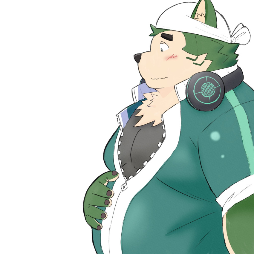 1:1 2021 anthro blush canid canine canis clothing domestic_dog electronics fur green_body green_fur headphones headphones_around_neck hi_res humanoid_hands kemono lifewonders live_a_hero male mammal mokdai overweight overweight_male shirt simple_background solo topwear white_background yaki_atsuage