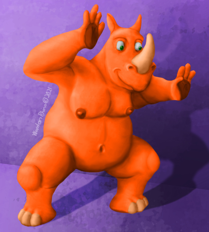 2021 anthro arms_above_head belly crouching featureless_crotch hi_res hooves horn looking_away male mammal moobs navel nipples nude nude_male orange_body overweight overweight_anthro overweight_male pose rhinoceros shaded shaded_background simple_background smile solo sumo thick_arms thick_thighs toony wonton_(wontonrhino) wontonrhino