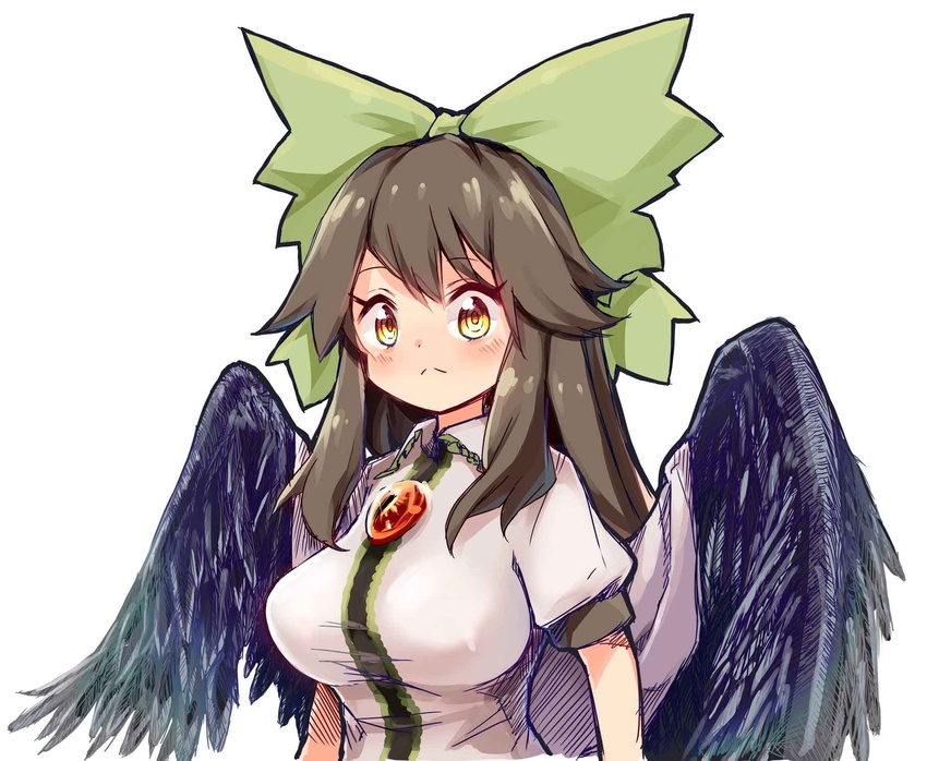 alternate_eye_color bird_wings black_wings blush bow breasts brown_hair cape closed_mouth collared_shirt commentary_request expressionless feathered_wings female frilled_shirt_collar frills green_bow hairbow highres large_breasts long_hair looking_at_viewer reiuji_utsuho ringed_eyes shirt short_sleeves simple_background solo split_mouth tatuhiro third_eye touhou upper_body white_background white_cape white_shirt wings yellow_eyes