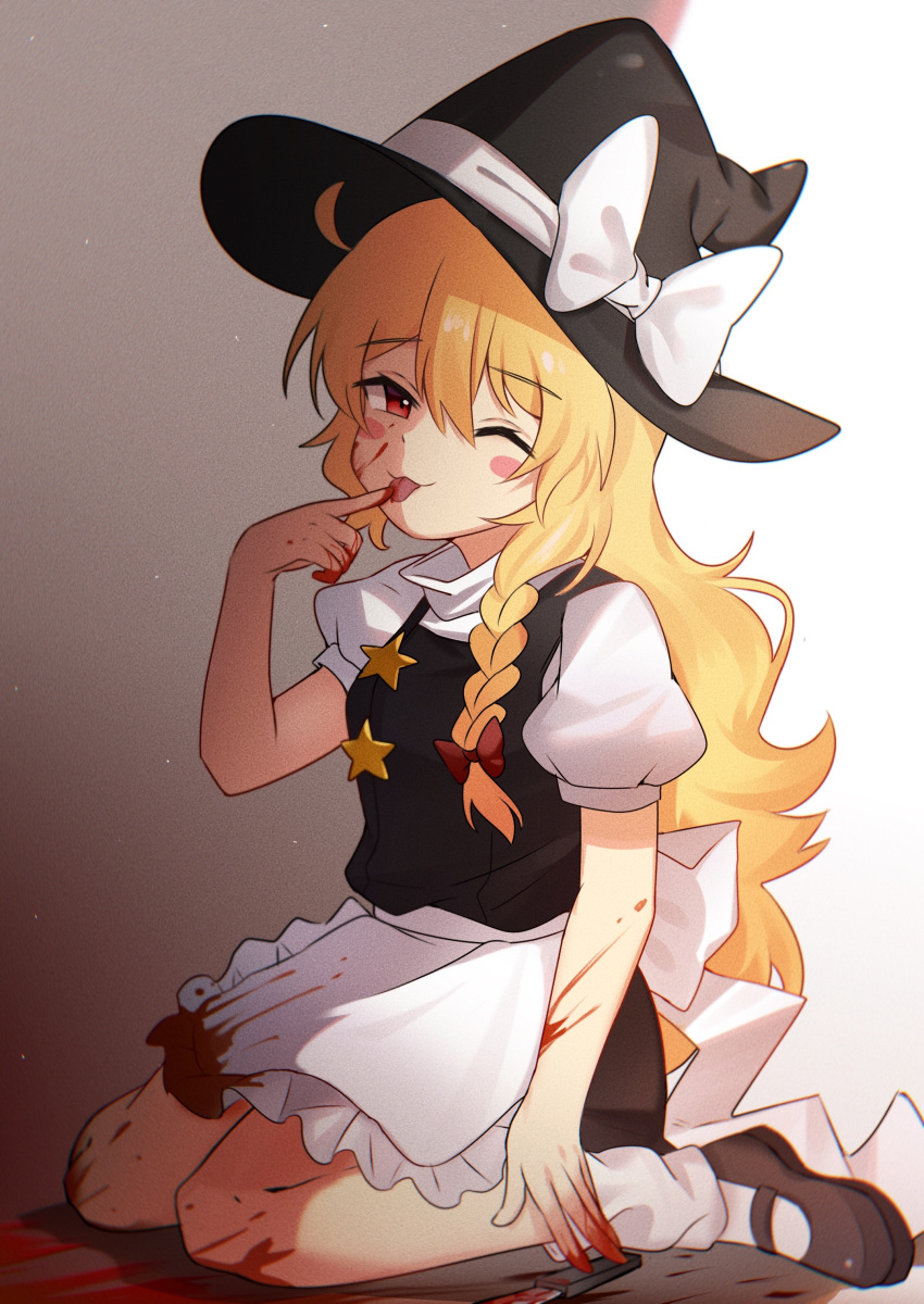 :3 absurdres apron black_footwear black_hat black_skirt black_vest blonde_hair blood blood_on_knife blood_stain blush blush_stickers bow braid closed_mouth commentary cookie_(touhou) female frilled_apron frills full_body hairbow hat hat_bow highres inabahitomi kirisame_marisa knife licking licking_finger long_hair looking_at_viewer mary_janes one_eye_closed puffy_short_sleeves puffy_sleeves red_bow red_eyes shirt shoes short_sleeves single_braid sitting skirt skirt_set smile socks solo suzu_(cookie) touhou turtleneck unusually_open_eyes vest waist_apron wariza white_apron white_bow white_shirt witch_hat