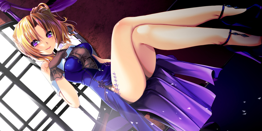 bare_legs black_footwear blonde_hair blue_dress breasts breasts_apart closed_mouth crossed_legs dress dutch_angle female full_body gloves hair_between_eyes hair_intakes high_heels high_side_ponytail highres idolmaster idolmaster_cinderella_girls kiryu_tsukasa_(idolmaster) long_hair looking_at_viewer medium_breasts panties panty_peek purple_eyes side_ponytail side_slit sitting sleeveless sleeveless_dress smile solo underwear yuu_sagi