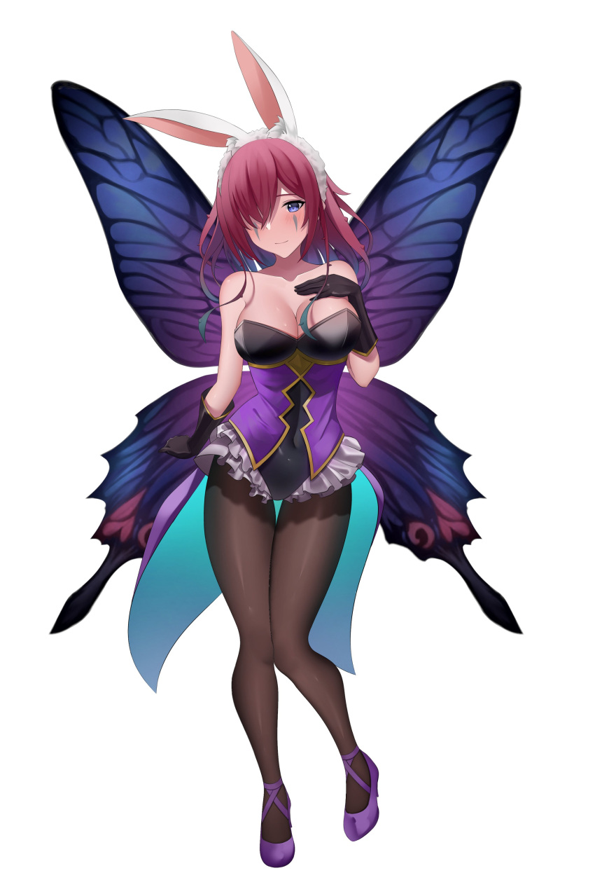 absurdres alternate_costume animal_hood bare_shoulders black_pantyhose blue_eyes breasts camilla_(fire_emblem) camilla_(fire_emblem)_(cosplay) camilla_(spring)_(fire_emblem) commission cosplay croenji english_commentary facial_mark fairy fairy_wings female fire_emblem fire_emblem_heroes full_body hair_over_one_eye high_heels highres hood large_breasts looking_at_viewer pantyhose playboy_bunny pumps purple_hair rabbit_hood second-party_source solo triandra_(fire_emblem) white_background wings