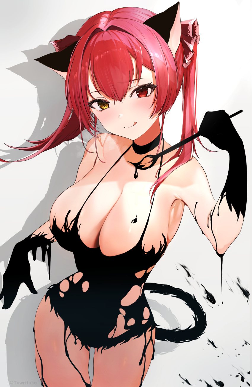 absurdres alternate_costume animal_ears bodypaint breasts cat_ears cat_girl cat_tail choker cleavage covered_nipples dripping female heterochromia highres hololive houshou_marine large_breasts licking licking_lips long_hair looking_at_viewer naked_paint nude paint paintbrush red_eyes red_hair solo tail thighs tongue tongue_out towrituka twintails virtual_youtuber wet yellow_eyes