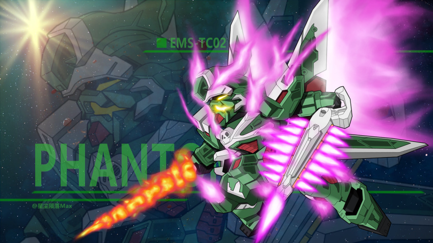 artist_name beam_saber character_name chibi chinese_commentary crossbone_gundam crossbone_gundam_ghost dual_wielding energy_sword fire flying from_side glowing glowing_eye gundam highres holding holding_sword holding_weapon mecha no_humans open_mouth phantom_gundam purple_fire robot science_fiction skull solo space star_(sky) sword v-fin weapon xing_chen_yunluo_max yellow_eyes zoom_layer