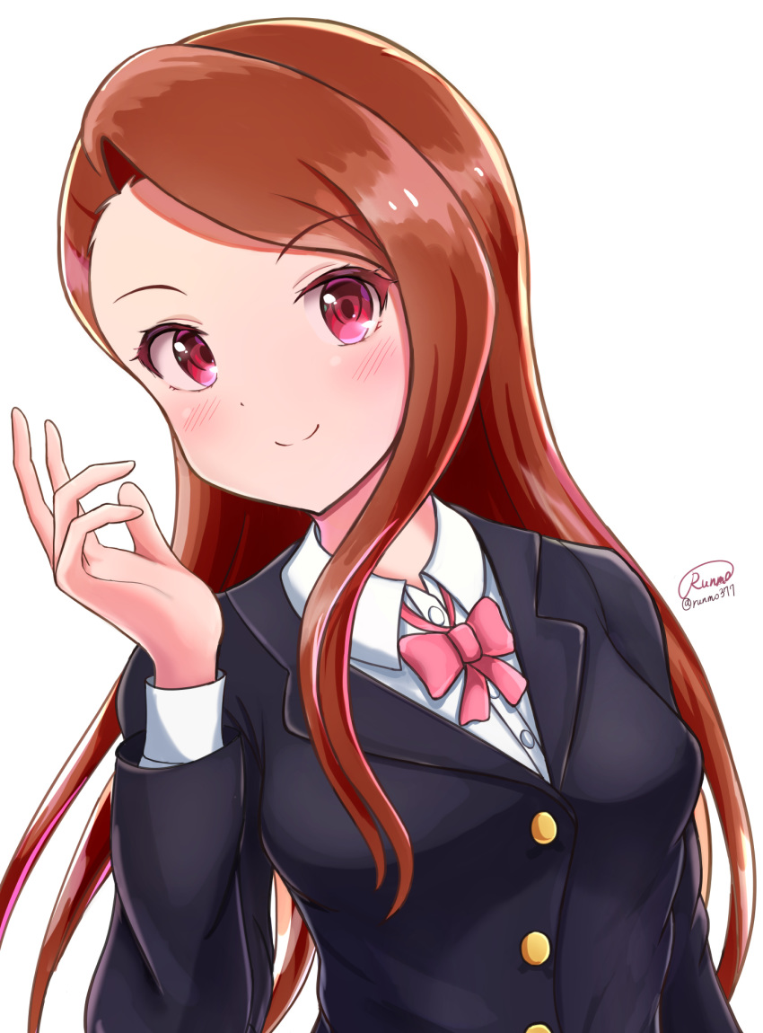 black_jacket bow bowtie brown_hair closed_mouth collared_shirt dress_shirt female floating_hair highres idolmaster idolmaster_(classic) jacket long_hair long_sleeves looking_at_viewer minase_iori pink_bow pink_bowtie red_eyes runmo77 school_uniform shirt simple_background solo swept_bangs upper_body very_long_hair white_background white_shirt wing_collar