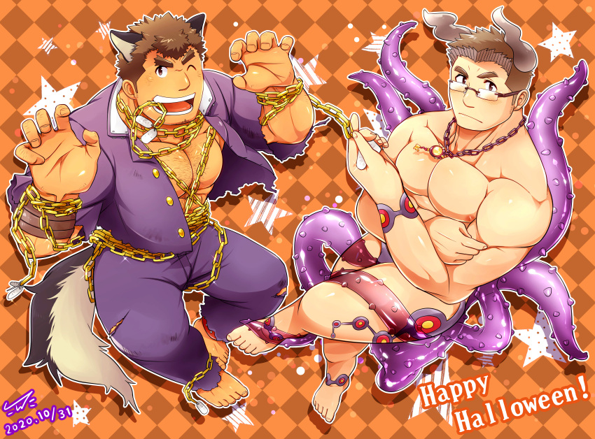 2boys ;d absurdres alternate_costume animal_ears bara bare_pectorals blush briefs chained_wrists chains chest_hair claw_pose cosplay crossed_arms dagon_(housamo) dagon_(housamo)_(cosplay) demon_horns facial_hair fish_boy foreshortening garmr_(housamo) garmr_(housamo)_(cosplay) glasses halloween halloween_costume happy_halloween highres horns jacket jewelry kemonomimi_mode kontahsm large_pectorals long_sideburns male_focus male_underwear motoori_shiro mouth_hold multiple_boys muscular muscular_male necklace nipples one_eye_closed open_clothes open_jacket open_mouth pants pectorals purple_jacket purple_pants revealing_clothes short_hair sideburns smile stubble tail takabushi_kengo tentacle thick_thighs thighs tokyo_afterschool_summoners underwear wolf_boy wolf_ears wolf_tail