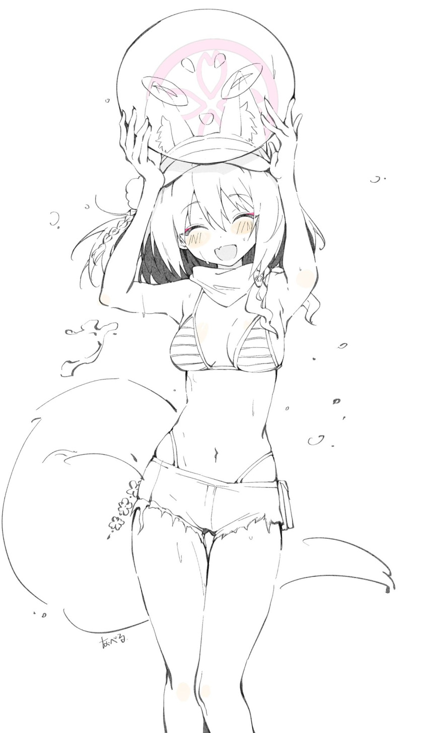 :d ^_^ animal_ear_fluff animal_ears arms_up ball bikini blue_archive blush braid breasts closed_eyes female fox_ears fox_girl fox_tail halo highres holding holding_ball izuna_(blue_archive) izuna_(swimsuit)_(blue_archive) medium_breasts monochrome oerba_yun_fang official_alternate_costume open_mouth short_hair shorts simple_background single_braid skin_fang smile solo striped_bikini striped_clothes swimsuit tail visor_cap white_background youguo_naberu